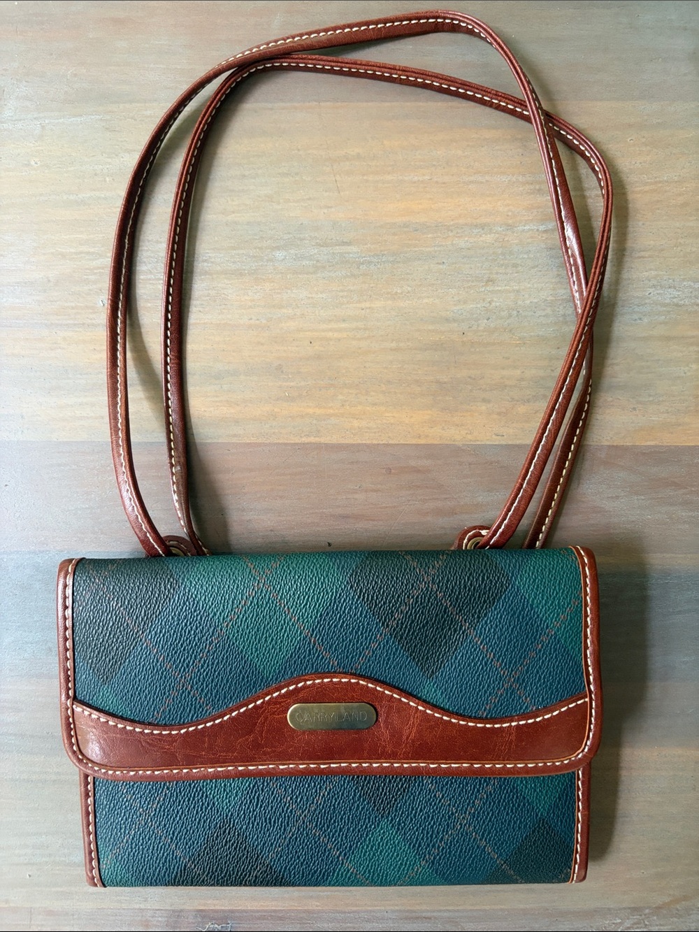 Vintage Carryland Green Plaid Shoulder Crossbody with Brown Leather Trim